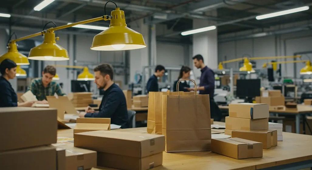 A wide shot of a modern e-commerce factory or warehouse, bustling with activity. In the foreground, several brown cardboard boxes of various sizes and a large brown paper shopping bag are stacked on a long wooden table. In the midground, several people are visible, some sitting at the same table and others standing further back. They appear to be engaged in tasks related to packaging or preparing orders. The person closest to the left is sealing a box. The space is brightly lit by numerous industrial-style yellow lamps hanging from the ceiling, casting a warm glow on the scene. In the background, more tables and possibly shelves with items are visible, suggesting a large operation.