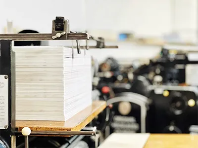 A tall stack of clean, white paper is loaded onto a piece of letterpress machinery in a studio setting. In the background, other parts of the letterpress equipment and a blurred workshop environment can be seen.