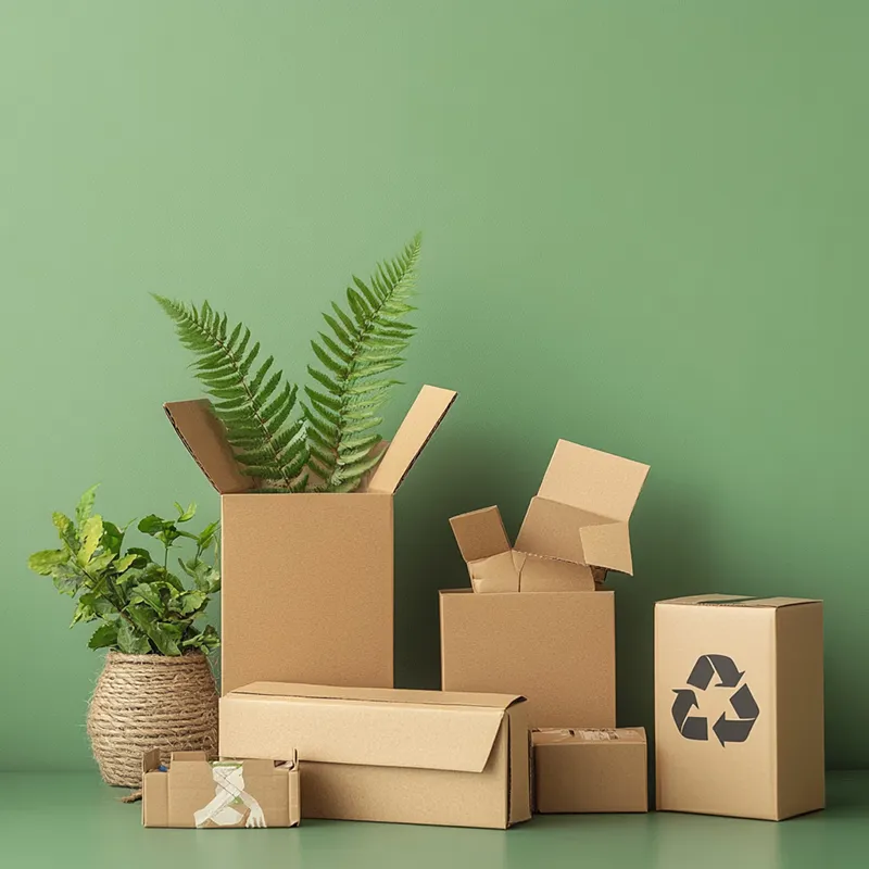 A collection of cardboard boxes of various sizes is arranged on a light green surface against a matching green wall, emphasizing themes of sustainability and packaging. On the far left, a potted plant with green foliage, its pot wrapped in natural twine, adds a touch of nature. Among the boxes, the largest open box on the left contains fresh green fern leaves, while another open box to its right shows smaller, nested cardboard pieces. On the far right, a vertical rectangular box clearly displays a prominent black recycling symbol. A few smaller, closed boxes are positioned in the foreground.