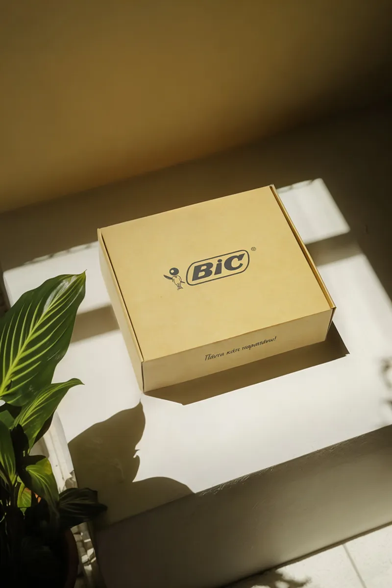  A flat, rectangular cardboard box with the "BIC" logo is positioned on a light-colored surface, possibly a table or shelf. The box is a light brown or tan color, and the "BIC" logo, featuring the iconic "BIC Boy" figure, is printed in dark blue or black in the center. Below the logo, Greek text is visible, which translates to "Always a step beyond!" (Πάντα κάτι παραπάνω!). Sunlight streams in from the top left, creating a strong shadow that falls across the surface and the lower portion of the box. On the left side of the frame, a green potted plant with prominent leaf veins is partially visible.